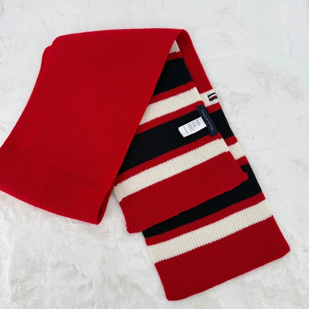 Tommy Hilfiger Scarf Unisex OS Red Striped‎ Ribbed Knit Winter Accessory